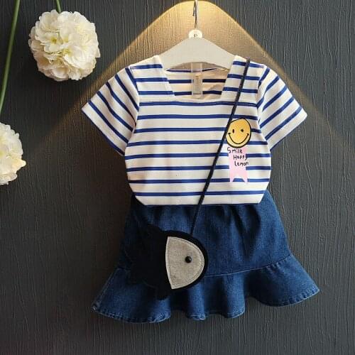 Summer Style Girls Sets 2Pcs Girls Clothes Children Cotton Stripe T-shirt+ Denim Skirt Children Clothing Party Princess Dress
