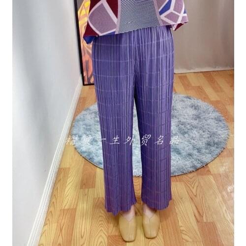HOT SELLING Fashion fold pure color Nine-point high-waist straight pants Loose slub pants IN STOCK