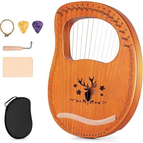 Lyre Harp, 16 String Mahogany Plywood Body String Instrument with Tuning Wrench and Storage Bag&Tuning Tool