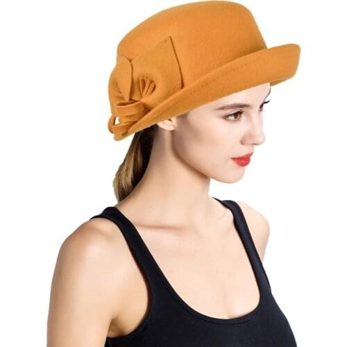 Fashion Retro Autumn Winter Womens Fedora Caps Bucket Caps For Woman Lady Dome flower Fedora Wool Hat