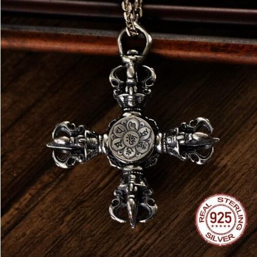 New Fingertip Dhara Rotatable Pendant Real 925 Sterling Silver Buddha Mantra Cross Vajra Necklace Pendant for Women Men Jewelry