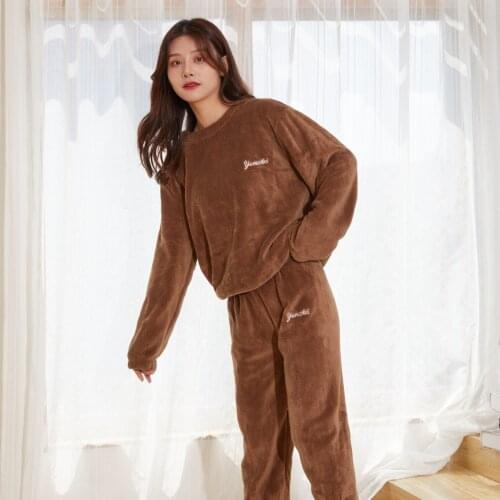 Pure Color Casual Coral Plus Velvet Suit Outer Wear Autumn and Winter New Loose Waist Elastic Waist Lazy Pajama Home Pajamas