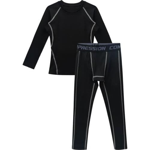 Kids Children Boy Girls Long Sleeve Shirt Top & Leggings Tights Athletic Base Layer Underwear Set for Hockey Training Basketball