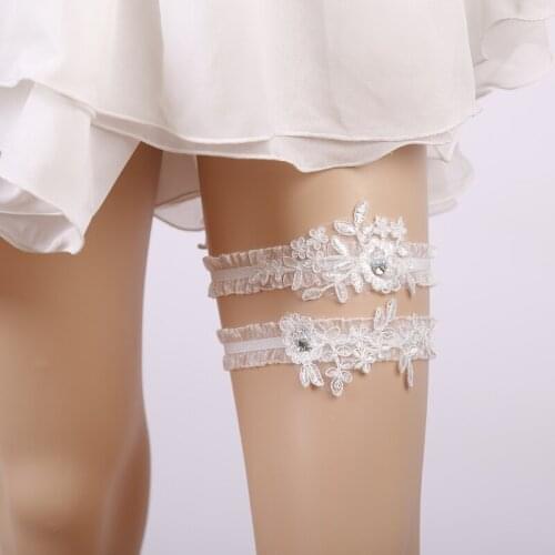 Wedding Garter Blue Rhinestone White Embroidery Floral Sexy Garters for Women/Female/Bride Thigh Ring Bridal Leg Garter 2pcs