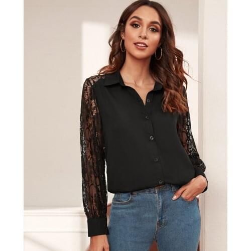 Sexy Button Up Shirts Women Spring Lace Tops Blouse 2021 Elegant Down-Collar Mesh Blouses For Women Femme Lady Tops Tunics