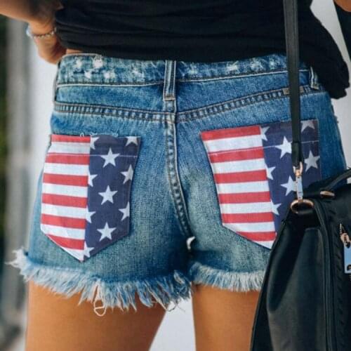 Ladies Jeans Print Ripped Fringe USA Flag Print Sexy Denim Shorts Hot Pants
