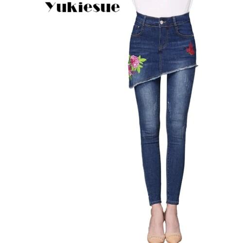 Embroidery jeans female 2017 high wasit vintage denim jeans woman skinny long pencil pants skirts jeans women plus size