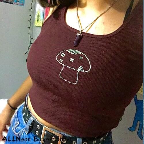 2021 Sweet Indie Aesthetic Mushroom Diamond Straped Brown Crop Top Women Y2k Vintage U-neck Sleeveless Tank Top Slim Streetwear