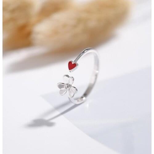 Creative Heart Petal 925 Sterling Silver Temperament Simple Sweet Personality Fashion Female Resizable Opening Rings SRI184