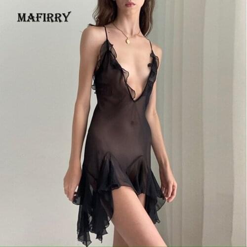 Plus Size Solid Black Deep V Neck Women Chiffon Sexy Lingerie Hot Erotic Ruffles Transparent Mini Dress Porno Costumes Nightwear