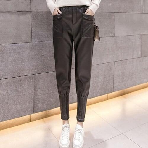 PU leather pants winter jogger pants women high waist sexy casual loose thick vintage faux leather trousers high street style