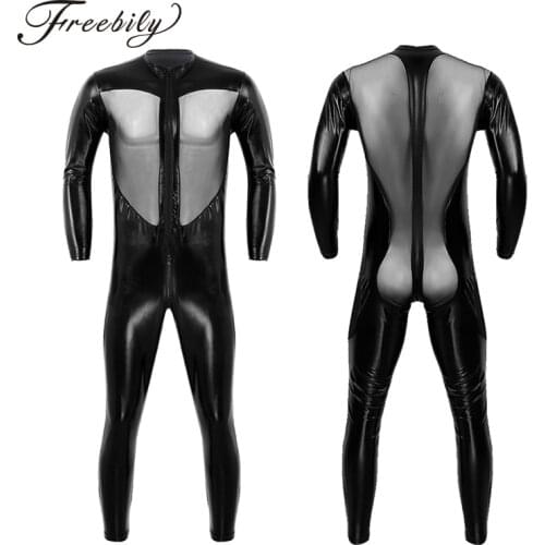 Halloween Black Unisex Sexy Metallic Shiny Zentai Catsuit Men Women Mesh Splice Full Bodysuit Cosplay Costume Latex Zentai Suit