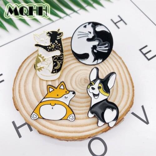 Cartoon Animal Gold Tai Chi Black White Cat Dog Heart Shape Enamel Brooch Badge T-shirt Bag Pin Accessories Women Jewelry Gift