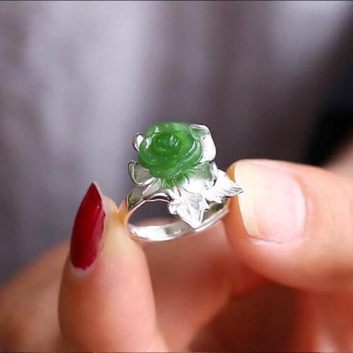 S925 Sterling Silver Inlaid Natural Hetian Jade Green Jade Ring Palace Style Rose Ring Yang Green Ring Ornament Female