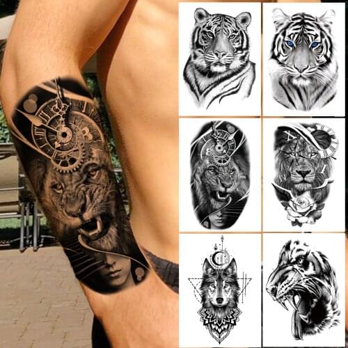 Compass Lion Temporary Tattoos For Men Women Adult Tiger Wolf Demon Tattoo Sticker Fake Geometry Flower Black Animal Tatoo Decal