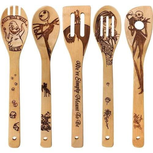 Halloween Bamboo Wood Wok Shovels Slotted Spatula Spoon Mixing Holder Cooking Utensils Dinner Kitchen Shovels Set for Cooking