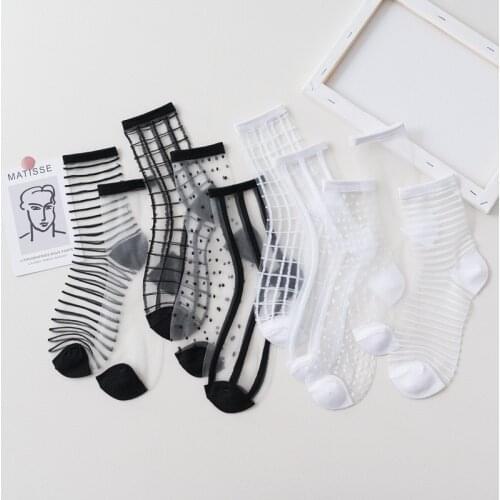 1 Pair Women Socks Summer New Black White Socks Thin Transparent Socks Striped Plaid Cute Socks
