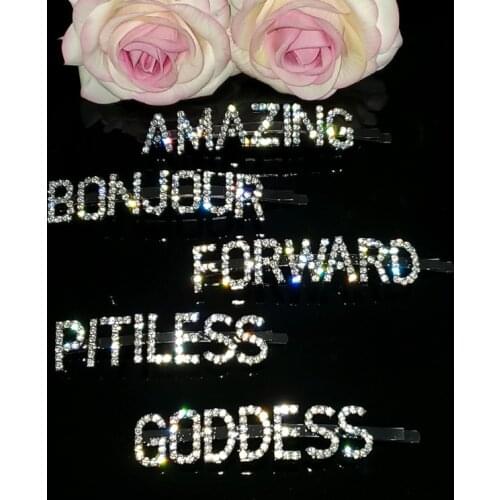 Original Word Hairclips "AMAZING,BOUJOUR,FORWARD,PITILESS,GODDESS" Crystal Letters Bobby Pins Hair Accessories WHOLESALE