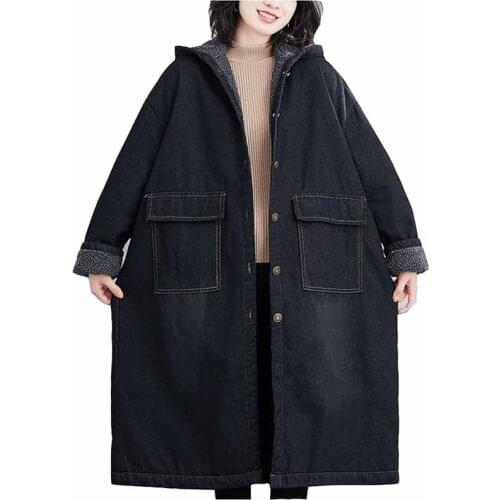 Oversize Black Denim Jacket Winter Plus Velvet Padded Coat Women Loose Hooded lambswool Outwear Long Jeans Coat Plus Size KW396