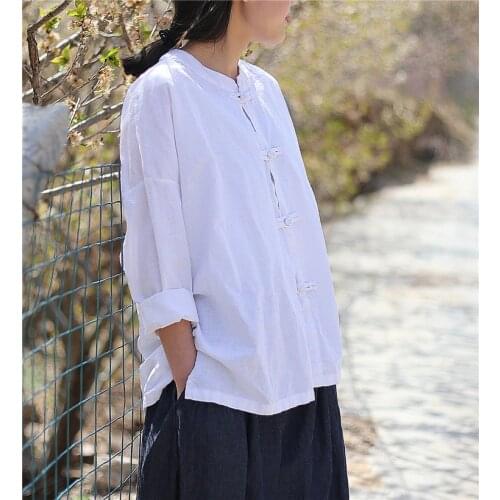 Women Retro Stand Collar Handmade Button Shirts Tops Ladies Solid Color Vintage Ramie Chinese Blouse Female Loose Shirt 2018