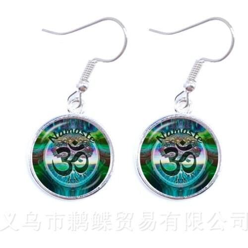 New Earrings Mandala Art Picture 16mm Glass Cabochon Drop Earrings Sacred Geometry Yoga Om Fashion Jewelry For Girl Women