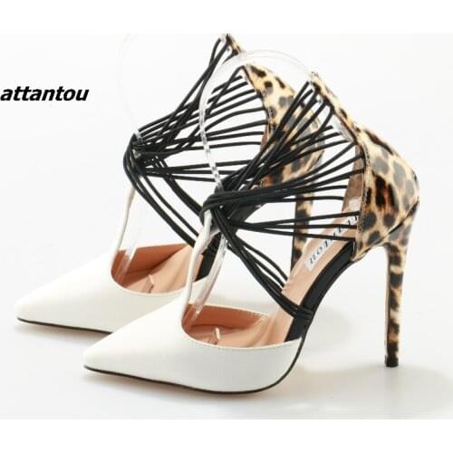 Discount Leopard Pointy Toe Ankle Wrap High Heels Women Patchwork Cross Strap Thin Heel Pumps T-bar Autumn Shoes Plus Size10