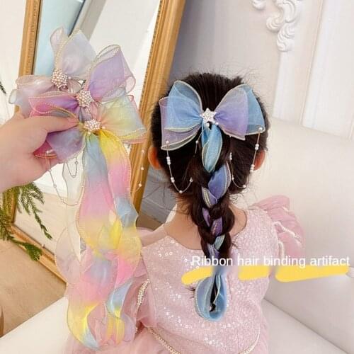 Kawaii Girls Bowknot Ribbon Hair Accessories Hair Clip Children Pearl Tassel Braided Hair Headdress Streamer Barrettes for Kids
