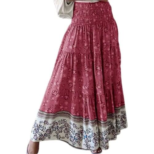 Women Casual Skirt Ankle-length Skirt Skin-friendly Elastic Floral Printed Flower Elastic High Waist Print Long Women Skirt
