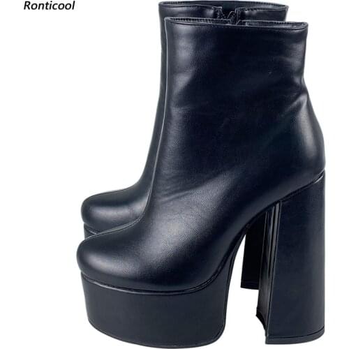 Ronticool 2021 Women Platform Ankle Boots Winter Block High Heels Round Toe Elegant Black Party Shoes Women Plus US Size 5-15