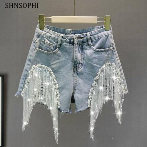 2021 Women Summer Wide-Leg Shorts Jeans New European Style Heavy Beaded Sequin Fringed Denim Shorts Female Hot Pants