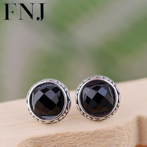 FNJ Natural Black Agate Stud Earrings 925 Silver New Fine 100% Pure S925 Sterling Silver Earring for Women Jewelry