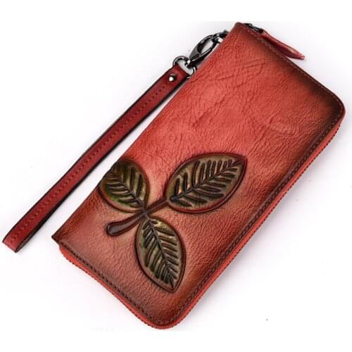 Hot vegetable tanned leathe gorgeous leaf pattern women wallet casual purse vintage style high quality wallets clutch bag