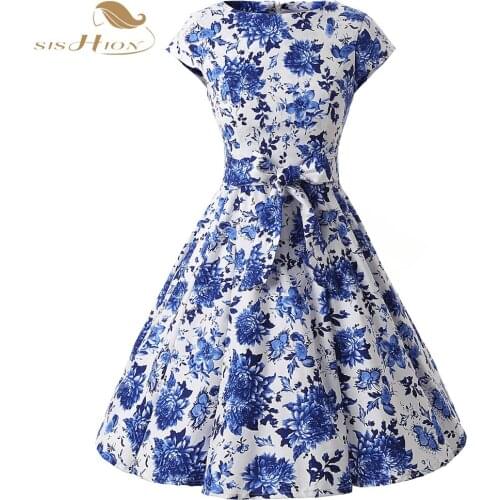SISHION Elegant White and Blue Dress Cap Sleeve Cotton Floral Print Rockabilly Swing 50s 60s Vintage Dress Tunic Vestidos VD0236