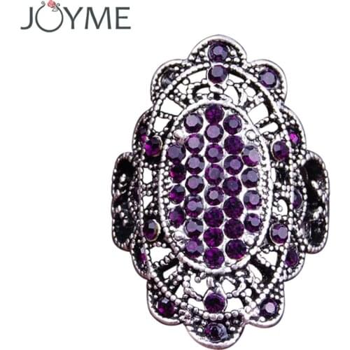 Joyme Brand Vintage Ring Purple Pink Crystal Rhinestone Carved Flower Love Silver Color Engagement Ring Women Bijoux Bague
