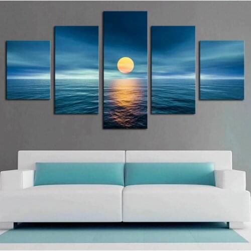 Sun in Blue Ocean Landscape 5 Panel Canvas Picture Print Wall Art Canvas Painting Wall Decor for Living Room Poster No Framed