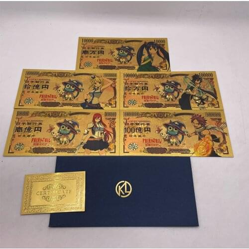 5 Designs Japanese Gold Plated Coins FAIRY-TAIL Anime 10000 Yen Gold Cartoon Banknote for Childhood Memory Collection and Gifts