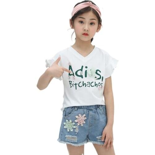Girls Summer Outfits Fashion Flowers Beaded Embroidery T-shirt Denim Shorts 2pc Birthday Party Elegant Kids Clothing Sets