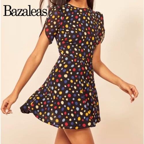 Bazaleas France Chiffon short sleeve Dress women Vintage Slim Colorful Dot Print women Dresses