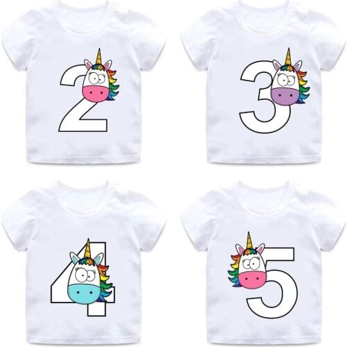 Boys/Girls Happy Birthday Rainbow Unicorn Number 1-9 Bow Print T shirt Baby Funny T-shirt Kids Birthday Present Clothes