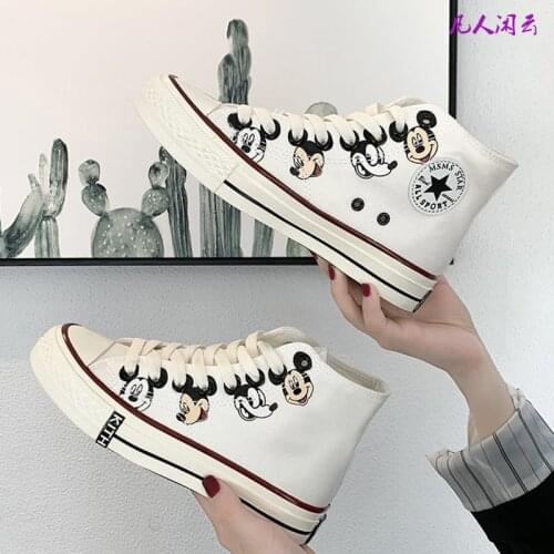 Disney cartoon high-top canvas shoes girl graffiti Mickey Mouse spring new student retro all-match sneakers size 35-40
