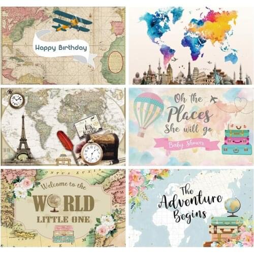 Laeacco World Map Adventure Photo Backdrops Flowers Globe Suitcase Photography Backgrounds Child Baby Birthday Party Photocall