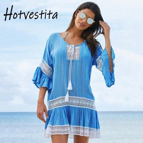 Hotvestita 2021 Beach Cover Up Women Crochet Lace Tassel Loose Hollow Out Half Sleeve Swimwear Sunscreen Mini Dress Bikini Smock