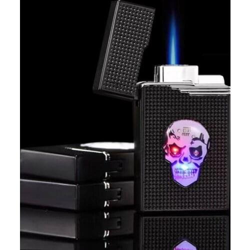 Butane Windproof Lighter Metal Creative LED Luminous Pattern Blue Flame Lighter Cigarette Accessories Men Gift
