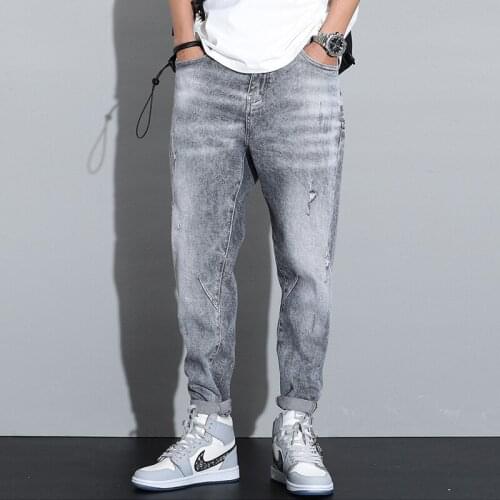 Korean Style Fashion Men Jeans Retro Gray Elastic Cotton Ripped Jeans For Men Streetwear Designer Hip Hop Denim Harem Pants