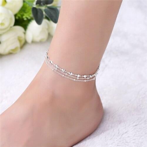 Fashion Silver Plated Womens Anklet Bracelet Double Round Beads Fashion Girls Anklet Leisure Beach Party Jewelry Gift