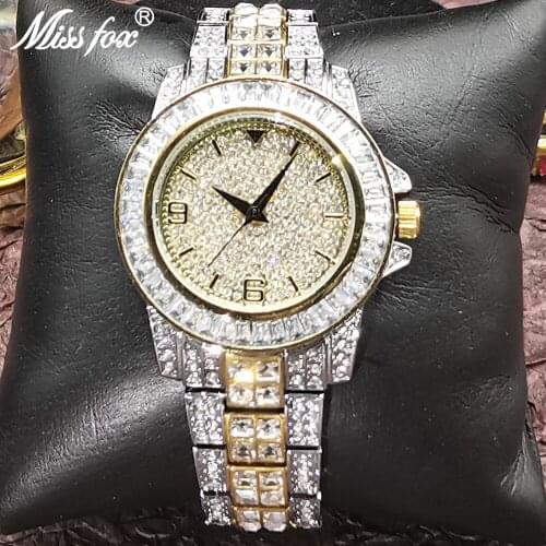 Hip Hop MISSFOX Mens Iced Out Watches Top Brand Luxury Quartz Wrist Watches Stainless Steel Waterproof AAA Watch For Men Jewelry