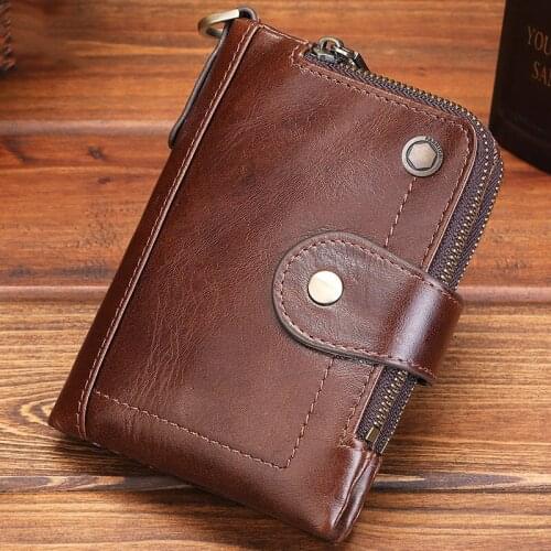 Mens wallet leather genuine Small wallet men Purse for coins Double Zipper men wallets Crazy Horse Cowhide Leather money bag man