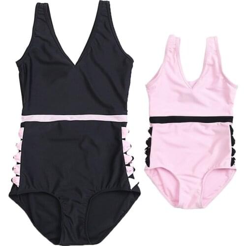 2021 New Parent-child Swimsuit Bowknot One-piece Swimwear Girls Mother Beach Vacation Bathing Suits Yellow Print Bodysuit Bikini