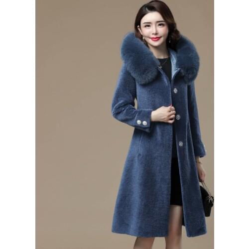 New Winter Wool Fur Coat Fox Fur Collar Hooded Female Jacket Elegant Mid-Length Slim Coats Women Sheep Shearing Coat Femme