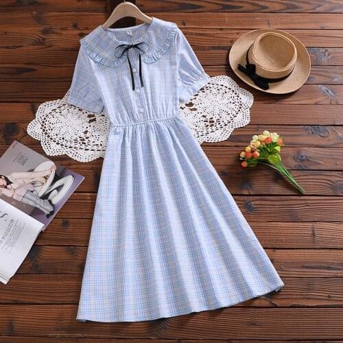 Summer new cute sweet plaid dress japan style short sleeve mori girl casual vestidos